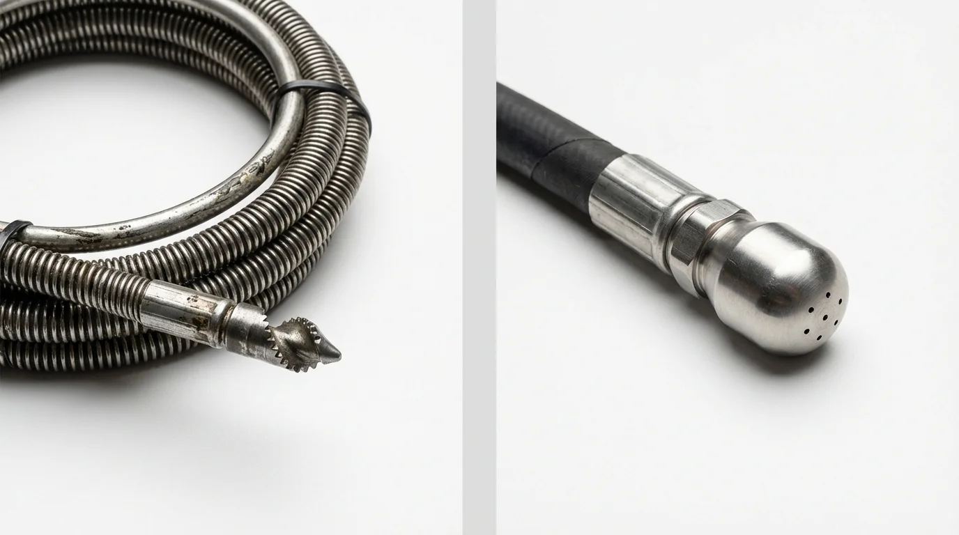 Drain snake cable and hydro jetting nozzle used for drain cleaning in Painesville, OH