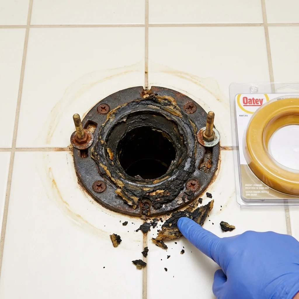 Failed wax ring showing water seepage at the base of a toilet in a Painesville, OH home