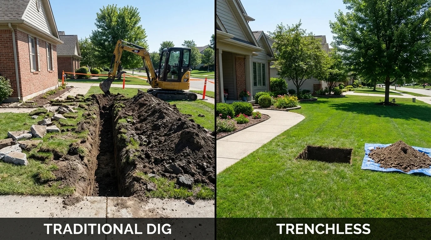 Trenchless sewer repair with minimal yard damage versus traditional excavation in Painesville, OH