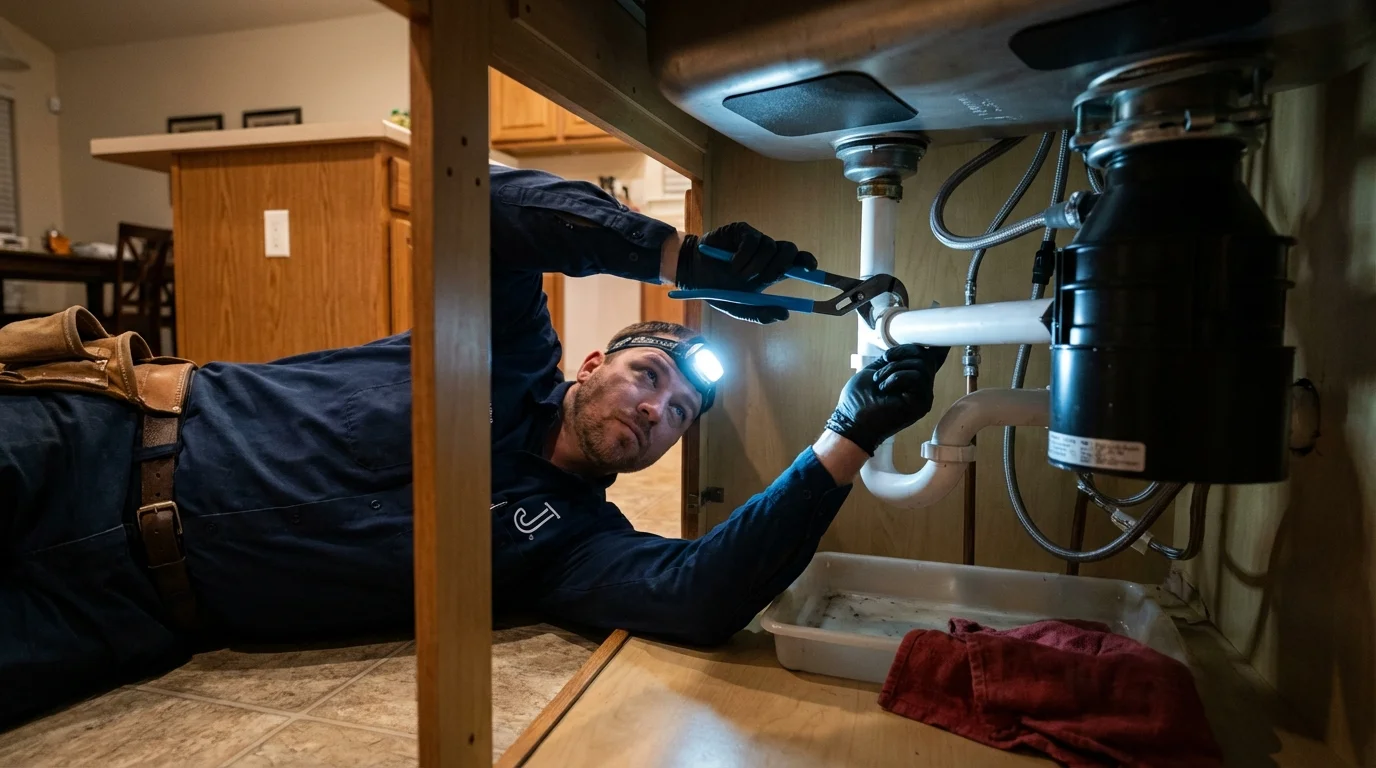 P-trap and supply line connections under a kitchen sink showing a common leak point in Painesville, OH